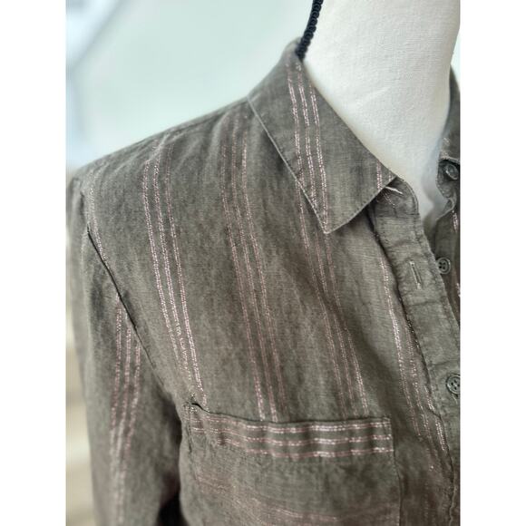 Boden Olive Green & Metallic Pink Strip Linen Button Down Long Sleeve Shirt - Picture 3 of 8